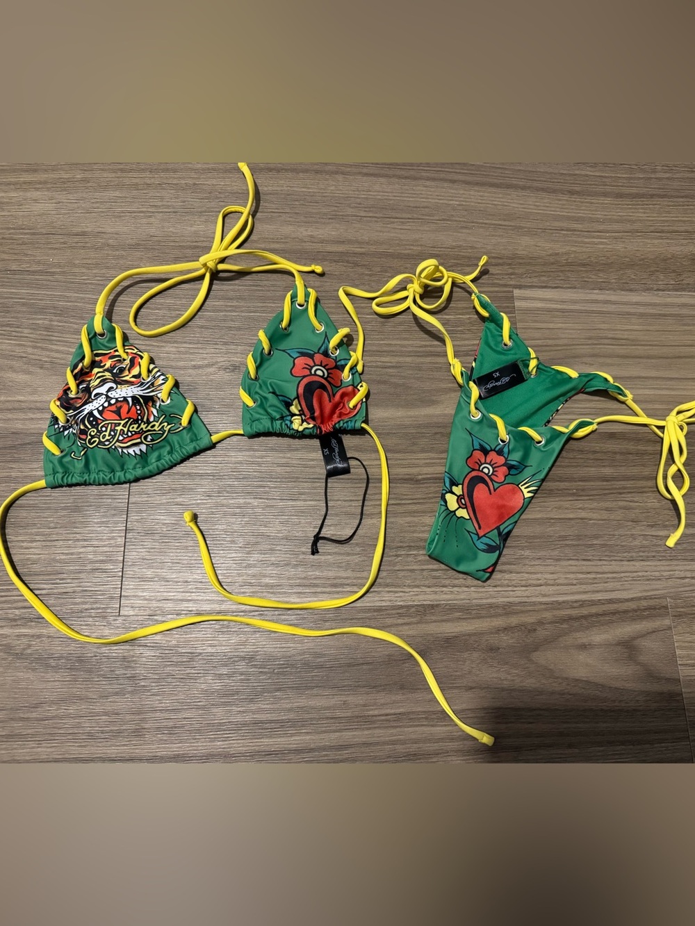 Ed Hardy Green Bikini with Red Heart and Yellow Lacing